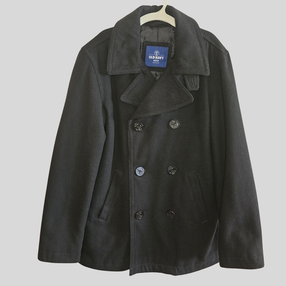 Old Navy Heritage Wool Blend Peacoat Men’s Size Medium Black Double Breasted - Picture 1 of 14